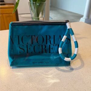 Victoria's Secret Teal Clear Cosmetic Pouch with Teal & White Wristlet